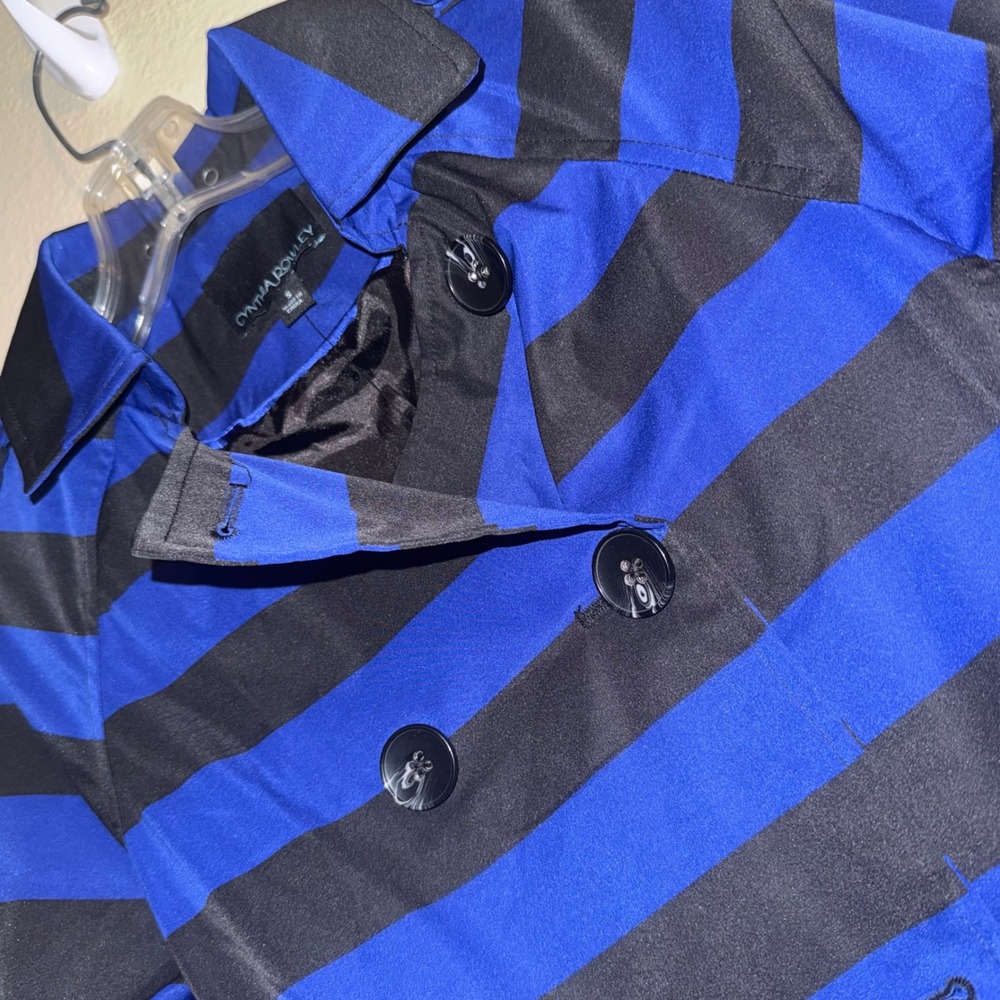 Cynthia Rowley Blue Black Striped Belted Trench Coat Jacket Dark Goth Small NWT